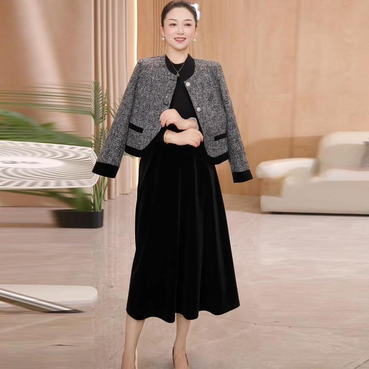 气质妈妈装春秋款小香风短款外套连衣裙两件套新款中年女中长裙子