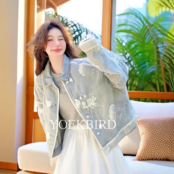 尤柯鸟春秋牛仔外套女法式复古蕾丝刺绣拼接减龄浪漫超好看