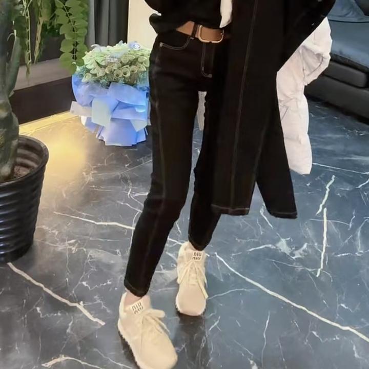 春秋新款加绒加厚时尚百搭牛仔裤女修身显瘦九分弹力小脚裤