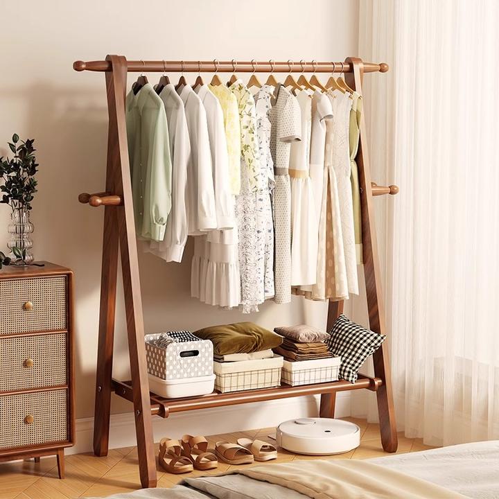 加厚榉木挂衣架子置物架家用卧室实木衣帽架落地简约立式挂衣服架