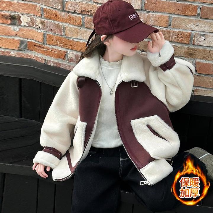 女童皮毛一体外套冬季2024新款女孩洋气大衣儿童加绒加厚撞色棉衣