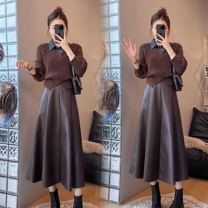 高级感时尚套装女2024年秋冬新款拼接假两件毛衣皮裙半身裙两件套