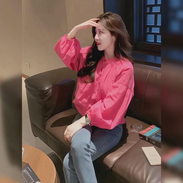 玫红色长袖宽松衬衫衬衣女冷淡系独特别致上衣2024早秋季新款女装