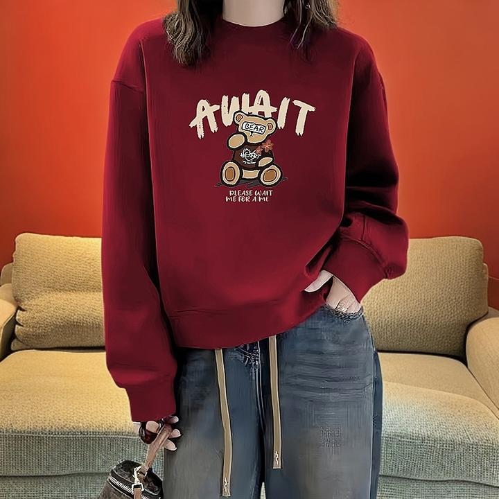 酒红色保暖卫衣女2024新款爆款韩版卡通小熊秋冬加绒打底圆领上衣