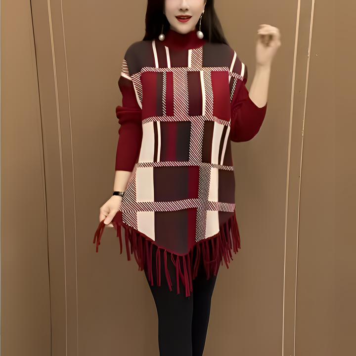 格子流苏中长款针织衫冬季新款时尚高档百搭拼接妈妈加厚保暖毛衣