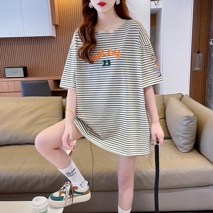 夏季宽松网红大码纯棉时尚休闲洋气中长ins条纹外穿百搭短袖T恤女