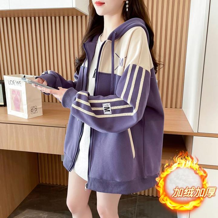 秋冬季韩版学生休闲卫衣女加绒加厚宽松时尚百搭大码连帽开衫外套