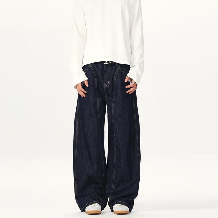 高档复古弯刀裤小众明线设计感宽松阔腿休闲原牛赤耳丹宁牛仔裤男