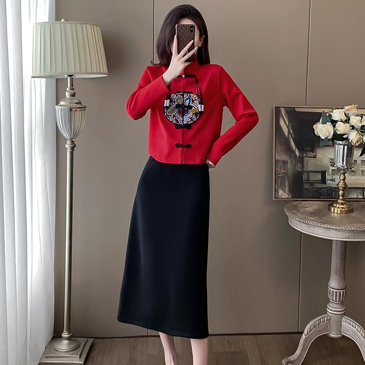 红色新中式复古盘扣设计半身裙套装女秋冬款