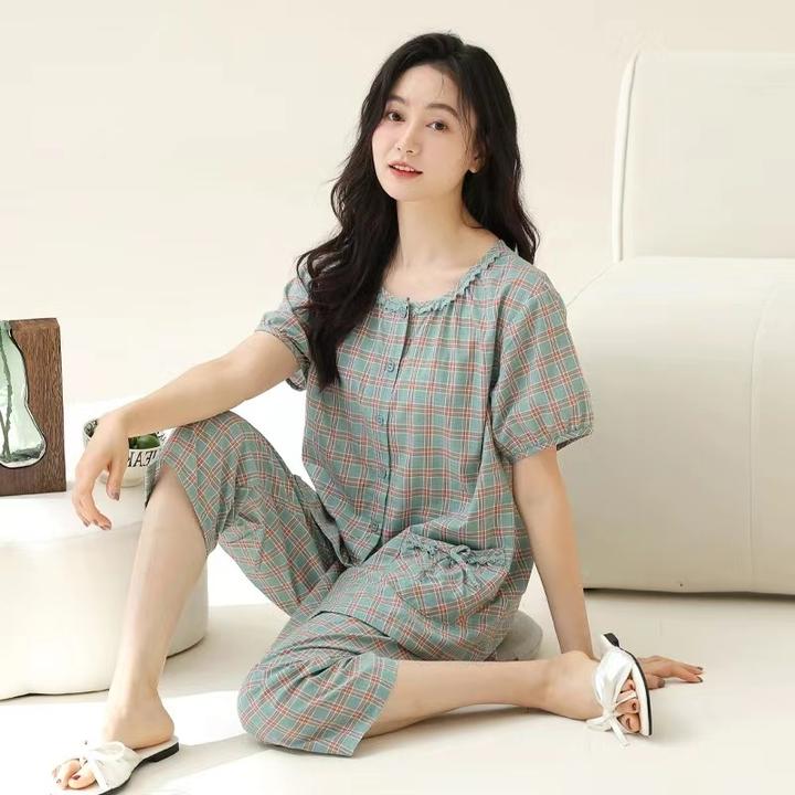 格子开衫夏季薄款纯棉短袖七分裤睡衣女新款中年妈妈家居服套装夏