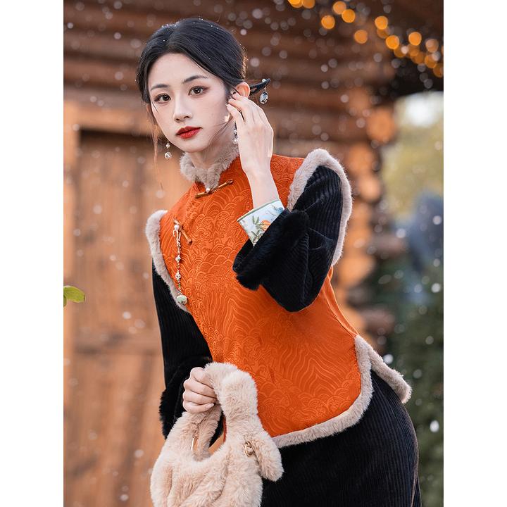 黑色旗袍2024新款长袖年轻加绒改良马甲套装连衣裙女冬季