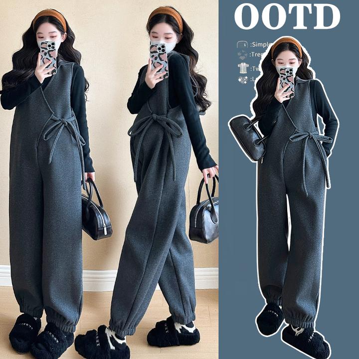 洋气时髦孕妇装秋冬新款加绒加厚背带裤休闲显瘦大码高级感吊带裤