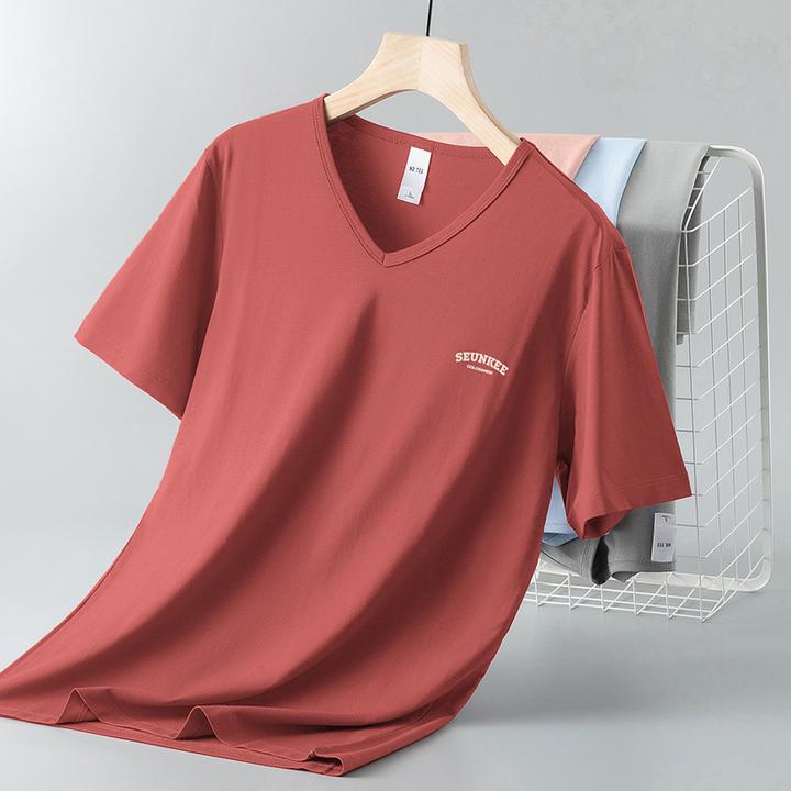 莫代尔纤维短袖t恤男装V领上衣服潮流夏季冰丝凉感半袖速干体恤衫