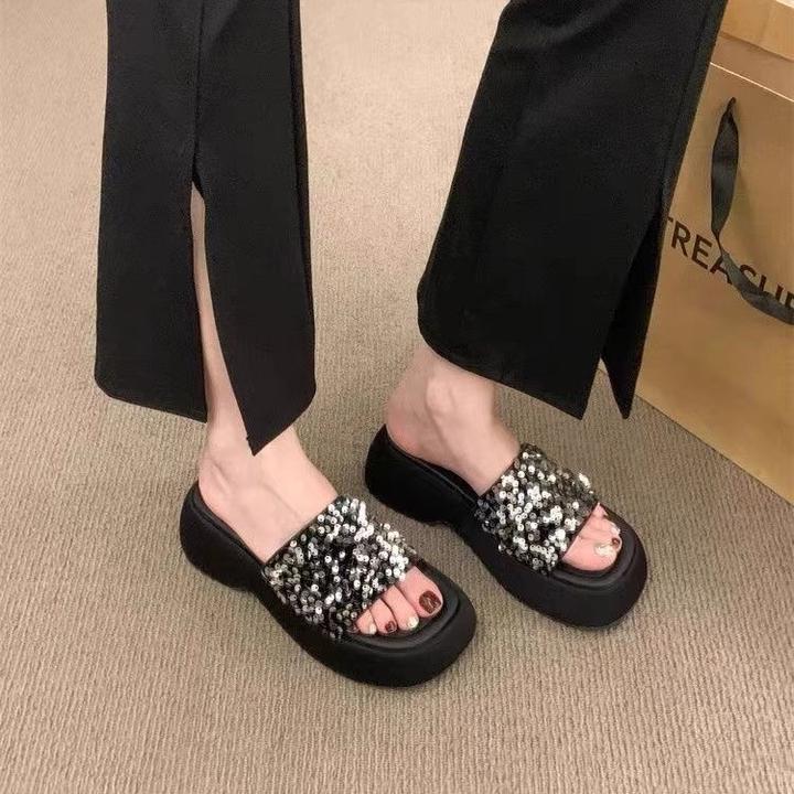 高级感厚底凉鞋半拖鞋女夏季外穿新款亮片松糕底女士一字凉拖鞋子