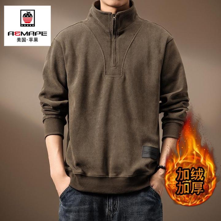 高端360g重磅雪尼尔半高领卫衣男冬季加绒美式运动宽松条绒外套男