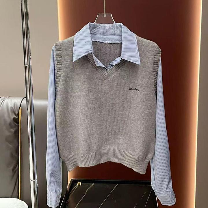 2025春秋新款时尚气质POLO领假两件衬衣针织马甲拼接休闲长袖上衣