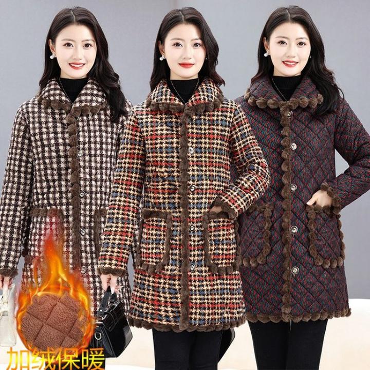 中年妈妈冬装棉衣外套长款家居服中老年女装冬季加绒加厚保暖棉袄