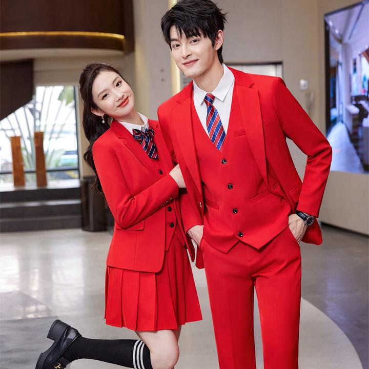 西服套装职业装男女同款正装4s店工装售楼部大红马甲工作服西装