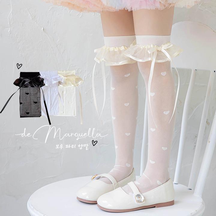 女童袜子夏季薄款透气丝袜韩版甜美蝴蝶结爱心长筒小腿袜白色潮