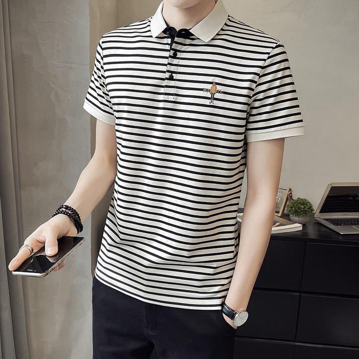夏季新品韩版百搭男士短袖POLO衫t恤翻领Polo刺绣男士条纹半袖