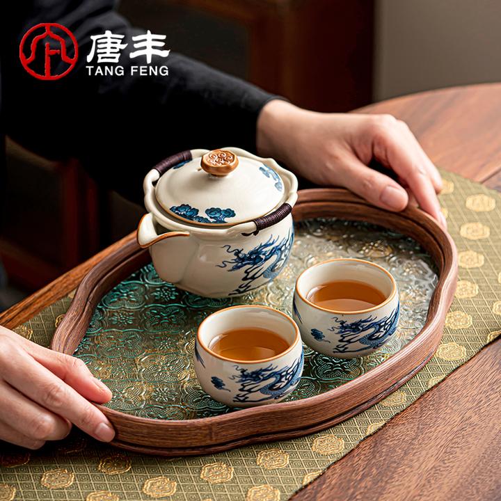 唐丰元青花汝窑大号茶具一壶二杯家用简约两人功夫泡茶用品干泡盘