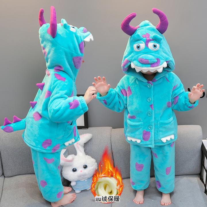 儿童睡衣秋冬季珊瑚绒女童法兰绒家居服双层加绒加厚男孩怪兽套装