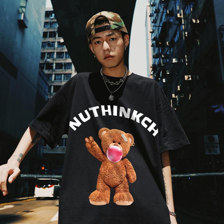 Nuthink港风可爱卡通小熊短袖新潮男装ins街头宽松圆领重磅T恤