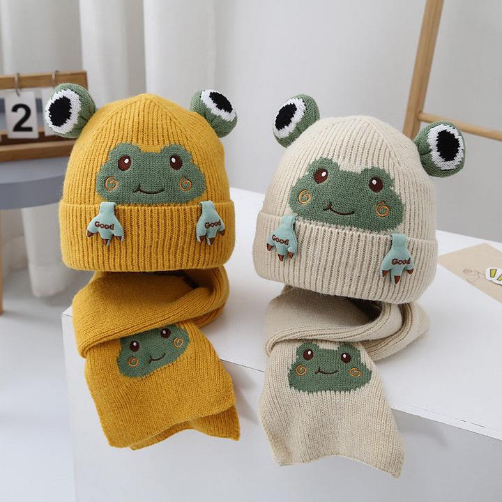 秋冬儿童帽子青蛙毛线帽套头帽加厚保暖中童冬季防风御寒围巾俩件