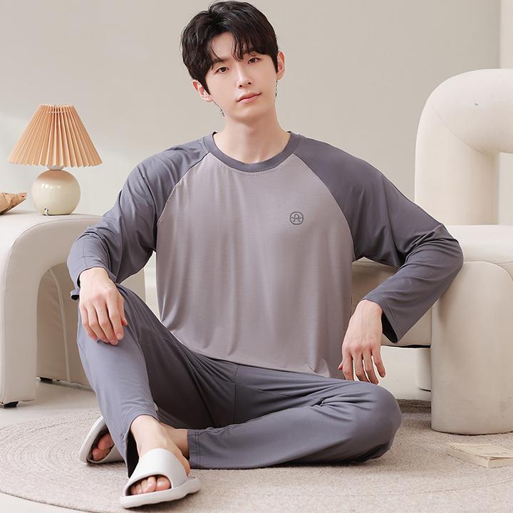 新款莫代尔男士睡衣休闲圆领套头200斤秋冬季青年薄款家居服套装