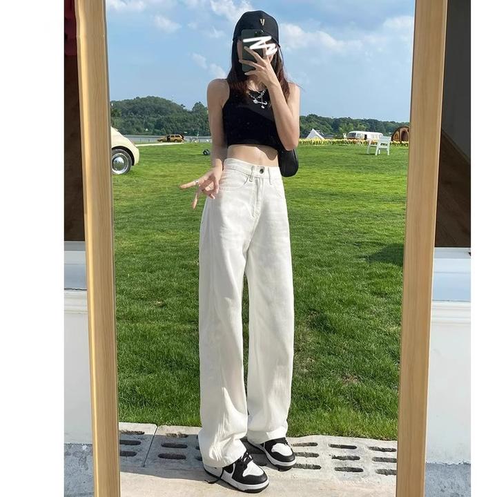 白色高腰阔腿牛仔裤女小个子2025春季新款宽松直筒窄版垂感拖地裤