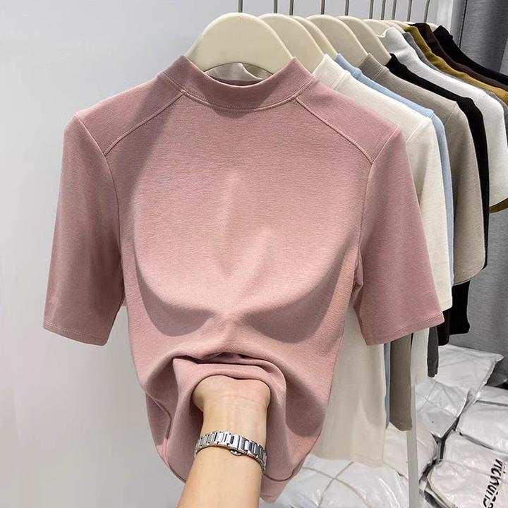 秋冬新款打底衫女五分袖德绒半高领内搭洋气上衣女外穿薄中袖t恤