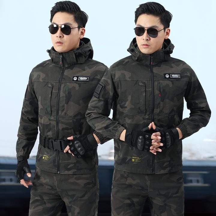 升级版可拆帽弹力棉质迷彩服套装男春秋季户外工装工作服耐烫耐磨
