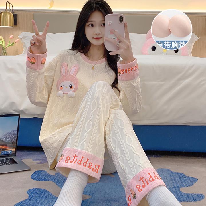 带胸垫纯色棉质睡衣女春秋季长袖宽松薄款女士套装2024新款家居服