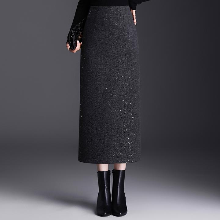 半身裙女包臀裙加厚冬裙长裙一步裙高腰后开叉显瘦亮片毛呢直筒裙