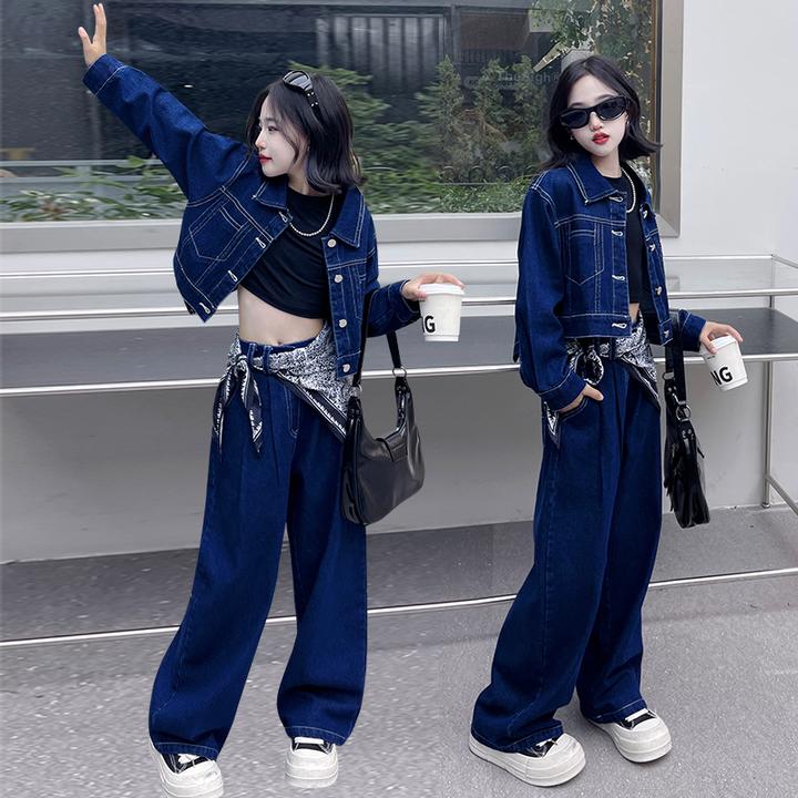 女童丝巾牛仔套装复古港风2024新款中大儿洋气炸街潮酷春秋装套装