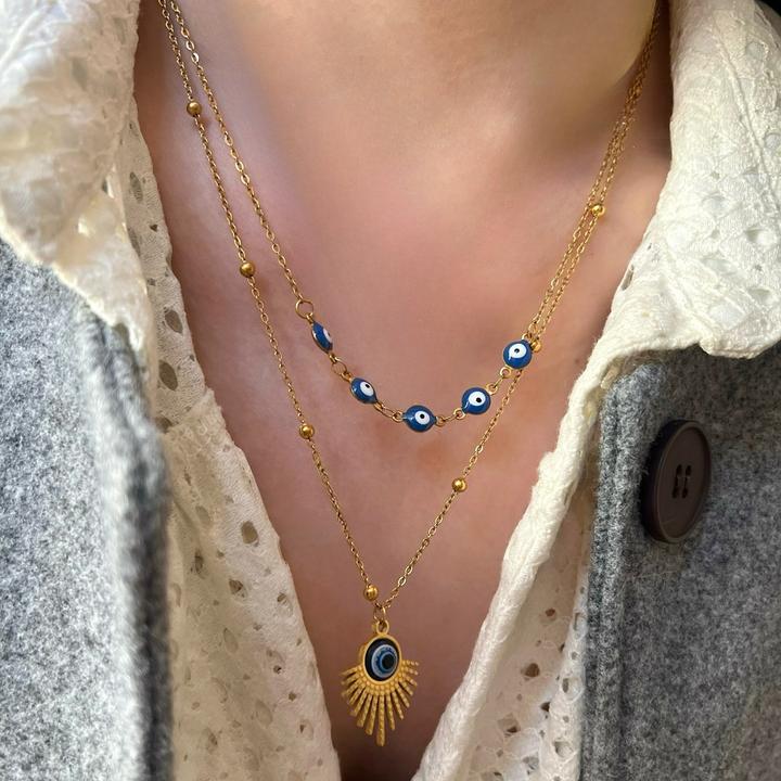 钛钢项链 欧美风时尚新款双层项链女蓝色扇形项链太阳花朵耳环女