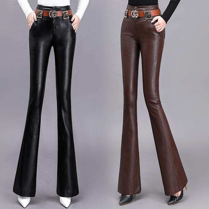 咖啡色绵羊皮皮裤2024秋冬季高腰加绒加厚显瘦百搭外穿微喇皮裤女