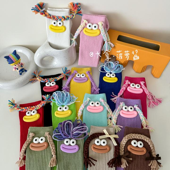 儿童袜子可爱卡通女童中筒袜多巴胺彩色大嘴辫子搞怪男女宝宝长袜