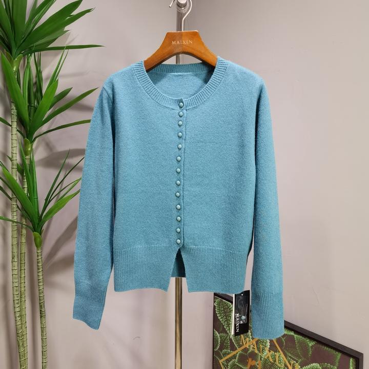 麦寻MYKLQ010冬季新款圆领针织开衫孔雀蓝全羊毛百搭毛衣外套上衣