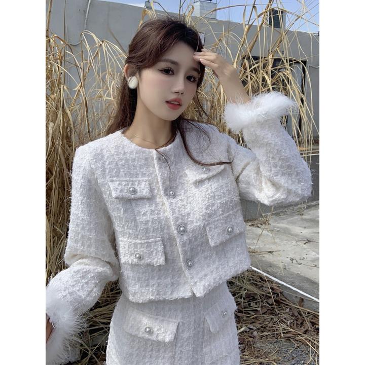 洋气小香风套装女2024秋冬加厚夹棉粗花呢短外套搭半身短裙两件套