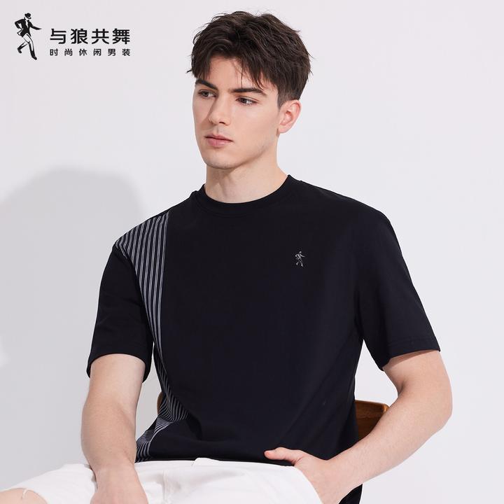 【全棉拼接】与狼共舞25夏季拼接条纹透气时尚舒适百搭休闲男士T恤