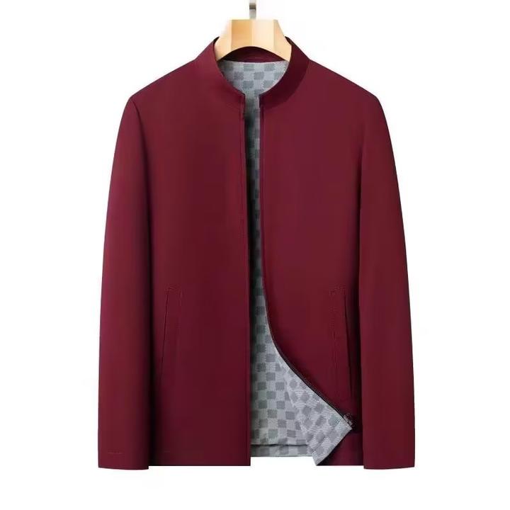商务春装立领夹克爸爸装本命年酒红色夹克外套男士中年宽松秋冬