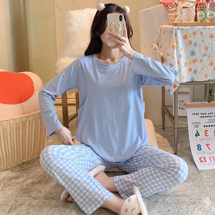 月子服圆领夏季薄款孕妇睡衣产后喂奶哺乳衣家居服套装6-9月份