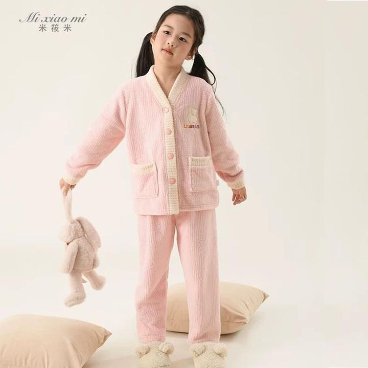 米筱米儿童秋冬牛奶绒加厚保暖V领撞色A类长袖睡衣套女童家居服