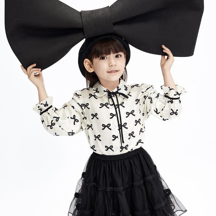 little moco童装23秋装新款女童蝴蝶结娃娃领长袖衬衫#KBC3SHT014
