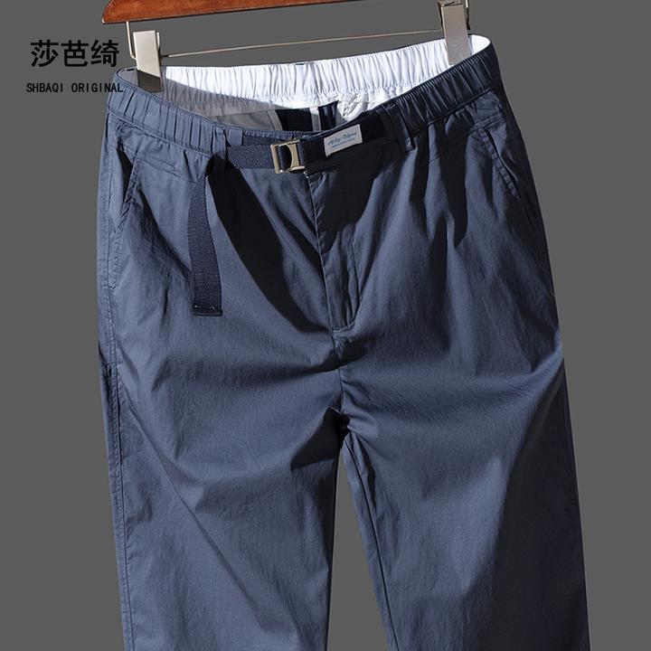 春夏薄款棉休闲裤男松紧腰九分裤宽松直筒裤子青年潮男藏青9分裤
