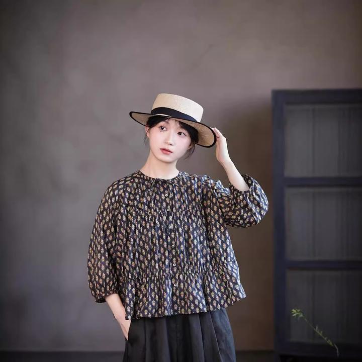 秋季新品文艺复古原创休闲哑黑向日葵碎花显瘦柔美复古宽松小衬衫