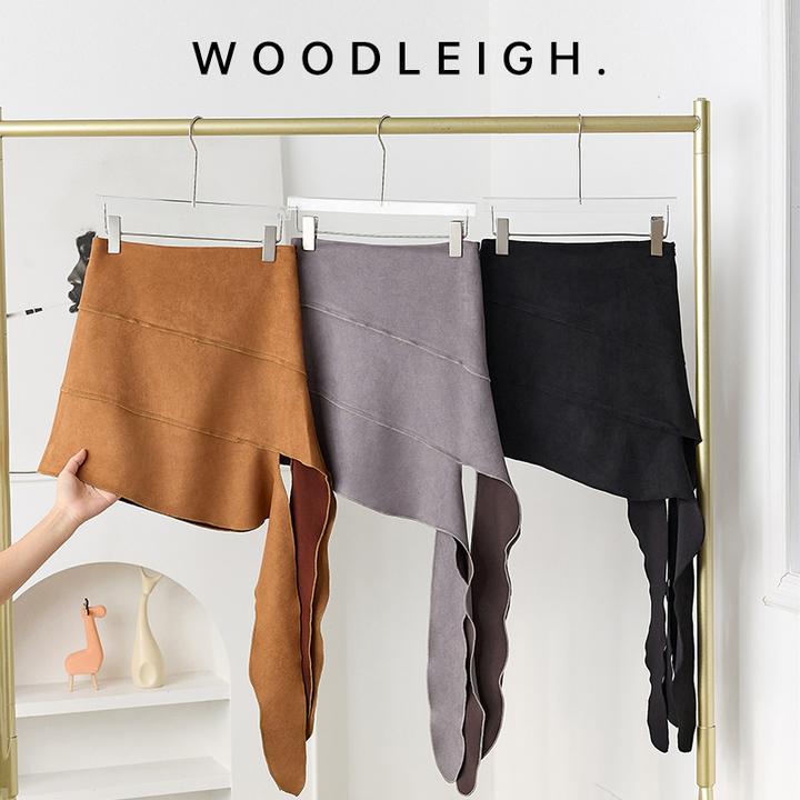 春季百搭拼接鹿皮绒短裙半身裙A字反绒不规则美拉德飘带不对称裙