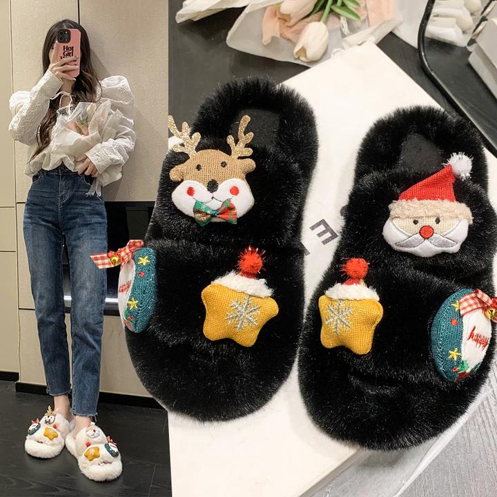 A0349圣诞节毛拖鞋 卡通麋鹿公仔棉拖鞋女秋冬室内外厚底毛毛拖鞋