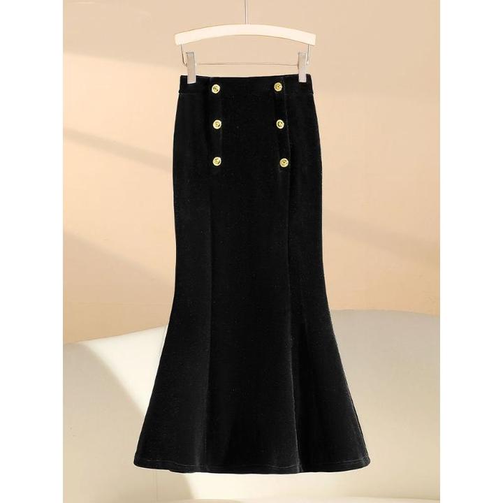 冬季加绒金丝绒鱼尾裙中长款2024新款高腰显瘦包臀裙双排扣半身裙